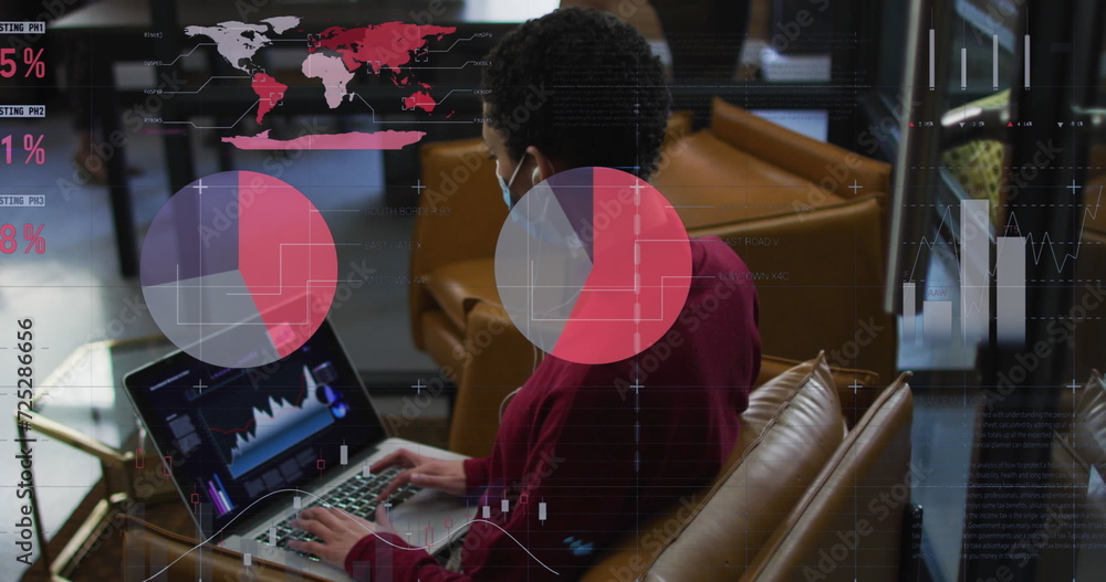 Poster statistical data processing against man wearing face mask using laptop at office
