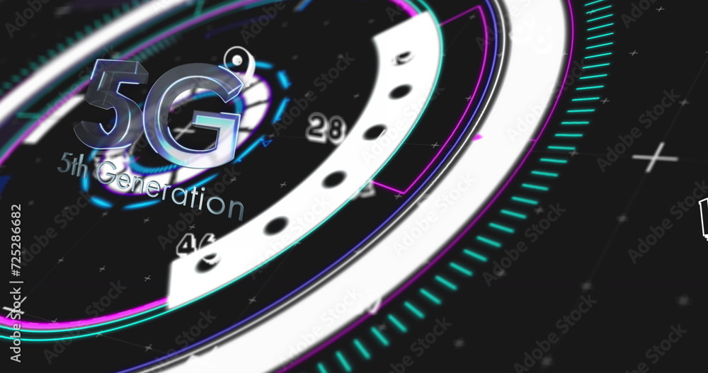 Poster image of 5g 5th generation and numbers changing over scope scanning on black background