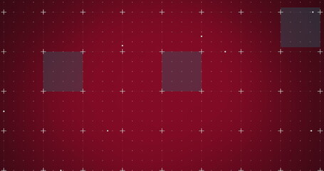 Image of moving markers and squares over grid on red background