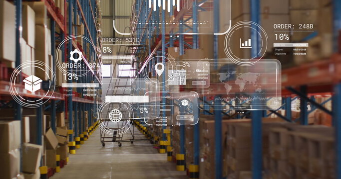 Image of data processing on screens over warehouse