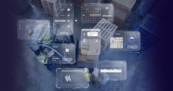 Image of data processing on screens over warehouse - Powered by Adobe