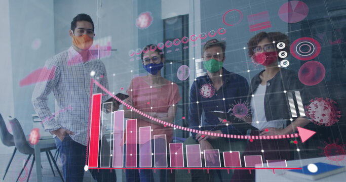 Covid-19 statistical data processing against office colleagues wearing face masks at office