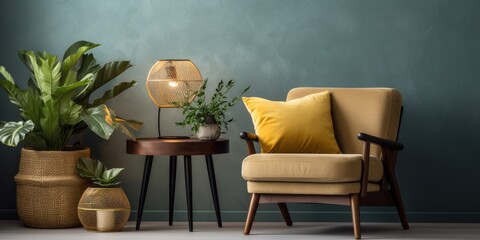 Trendy armchair with cushions, table, and indoor plants by well-lit wall in a space.