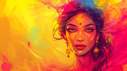 Obraz na płótnie Canvas Beautiful young Indian woman illustration with her face painted during the Holi festival in India