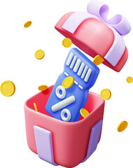 3d Coupon with Percent Symbol in Gift Box