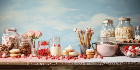 Baking image with confectionery theme in a kitchen. - obrazy, fototapety, plakaty