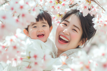 桜の咲く公園でお花見をする親子 - obrazy, fototapety, plakaty