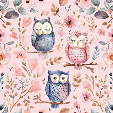 Pink Owls Seamless pattern