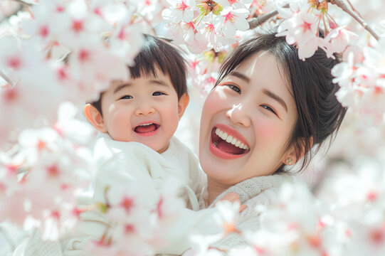 桜の咲く公園でお花見をする親子