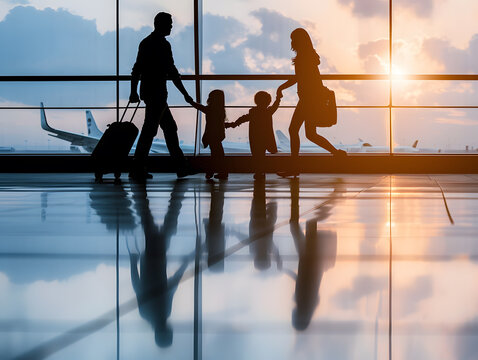 Silhouette of happy family traveling with suitcases walking at airport. Air travel and family vacations