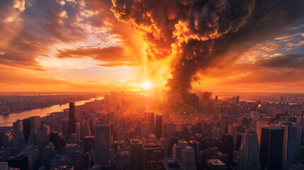 Apocalyptic cityscape with dramatic explosion in urban skyline at sunset, concept for disaster or catastrophe scenarios - obrazy, fototapety, plakaty
