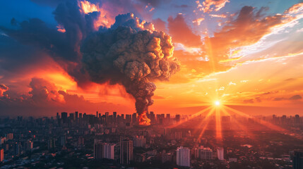 Massive explosion over a cityscape at sunset, with dramatic clouds and vibrant sky colors, depicting an emergency or disaster scenario - obrazy, fototapety, plakaty