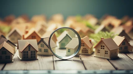 Fotobehang Real estate to buy and invest in. House searching concept with magnifying glass. Hunt for new house, Searching new house for purchase. Rental housing market, ai generated © HayyanGFX