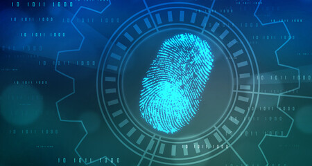 Abstract security system concept with fingerprint on technology background, Fingerprint Scanning Identification System. Biometric Authorization and Business Security Concept - obrazy, fototapety, plakaty