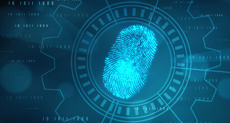 Abstract security system concept with fingerprint on technology background, Fingerprint Scanning Identification System. Biometric Authorization and Business Security Concept - obrazy, fototapety, plakaty