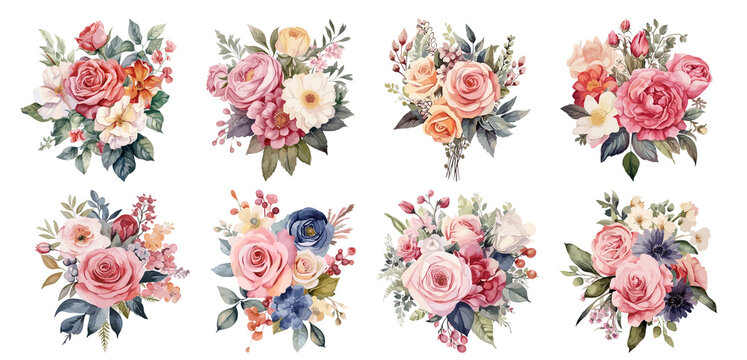 Set of watercolor vintage flowers, Bouquet, Sticker, Ornaments, png, generated ai