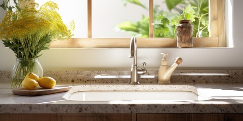 Rustic white sink and granite countertop in sunny kitchen.