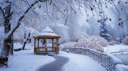 Snow - covered gazebo in park, with winding path and frosted trees, creating magical winter wonderland.