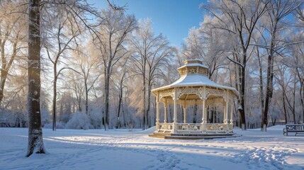 Fototapeta na wymiar Snow - covered gazebo in park, with winding path and frosted trees, creating magical winter wonderland.