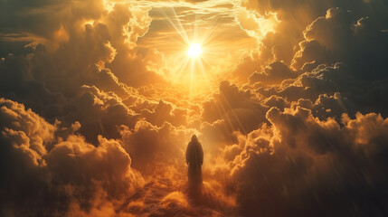 Silhouetted figure walking towards the radiant sun amidst majestic golden clouds, evoking a sense of enlightenment, freedom, or spiritual journey, Easter - obrazy, fototapety, plakaty
