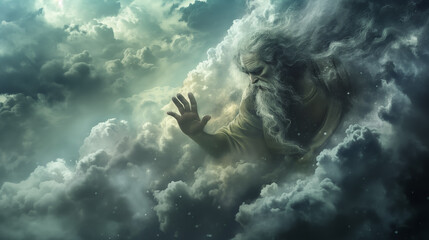 Majestic bearded figure forging through celestial clouds, mythological or religious concept, with a mystical and ethereal atmosphere