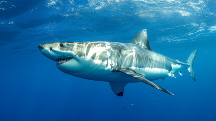 Great White Shark swimming serenely in clear blue ocean water, powerful marine life concept
