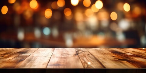 The empty wooden table top with blur background of indoor vintage cafe. Exuberant image. generative AI