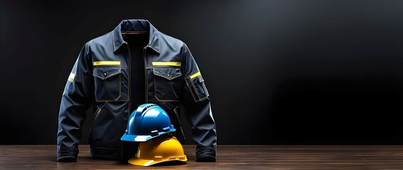 Worker's jacket and helmets are presented on dark background representing International Labor Day