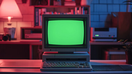 Retro styled workspace with a vintage computer on desk, green screen monitor, ambient lighting, and 80s aesthetic