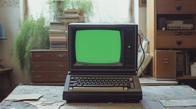 Vintage computer with green screen on a desk amidst retro furniture, representing nostalgia and old technology concepts