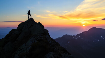 Fototapeta premium Silhouetted hiker standing on mountain peak at sunset with vibrant sky, conveying a sense of achievement and adventure