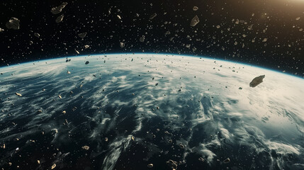 Digital illustration of an asteroid belt orbiting Earth, depicting a concept of space exploration and cosmic debris in a vast universe