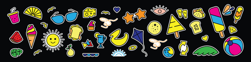 Colorful Summer stickers set in cartoon style. Summer holidays design elements - accessories, tropical plants, beach items and sports objects, etc. Vector illustration