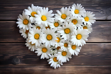 A Heart Is Made up of Daisies in The Shape of Heart on Wooden Background