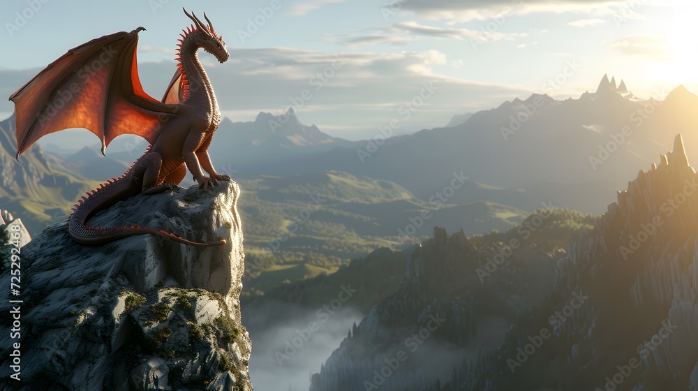 Wall mural dragon perched atop a mountain peak