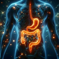 Human silhouette with glowing stomach gut  intestine, medical healthcare concept