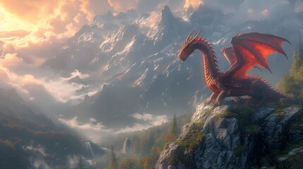 dragon perched atop a mountain peak - obrazy, fototapety, plakaty