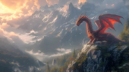 Fotobehang dragon perched atop a mountain peak © Sagar