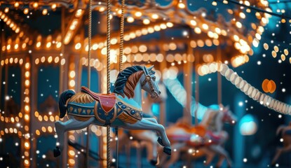 Carousel inside carnival lights - obrazy, fototapety, plakaty