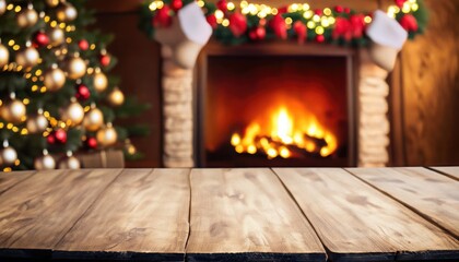 Empty wooden table on Christmas ornaments background with fireplace