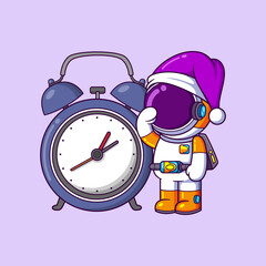 Cute astronaut wake up in the morning and a big clock
