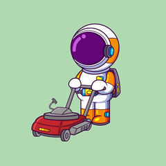 Cute astronaut with Lawn mower machine