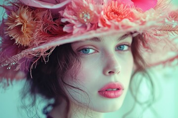 Portrait of a beautiful girl in a wicker hat with flowers - obrazy, fototapety, plakaty