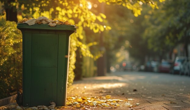 Green trash can on the sidewalk