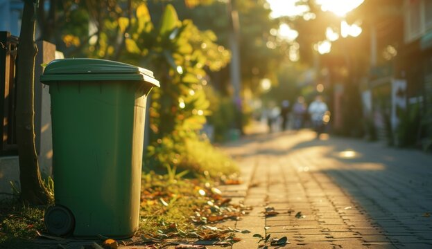 Green trash can on the sidewalk