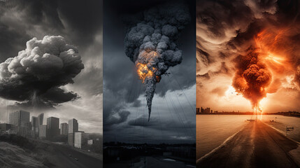 High power explosion of different types of charge, collage.