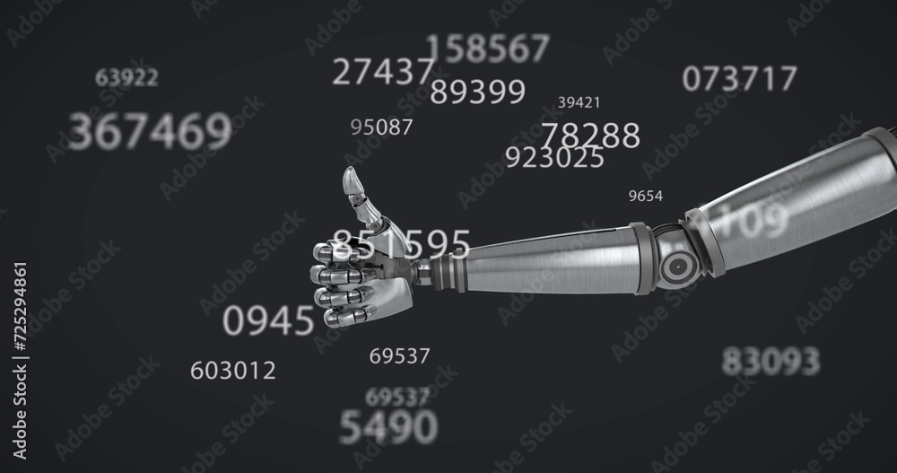 Poster image of numbers changing over robot giving thumbs up on black background