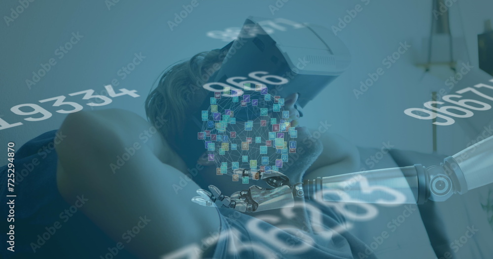 Poster image of numbers changing and globe of connections over man wearing vr headset in background