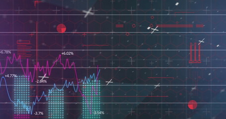 Image of lines and statistics processing on network of hexagons and grid background