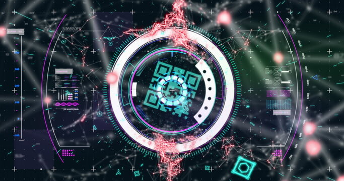 Image of scope scanning and qr code online security with network of connections in background